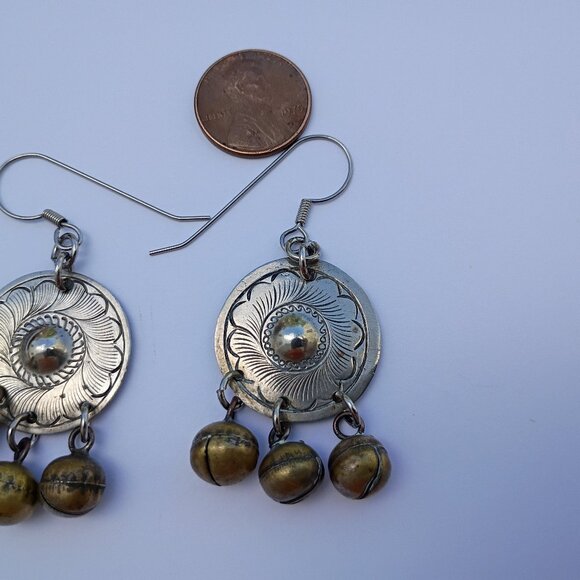 Vintage "Mexican Silver" Disc Earrings with Bells - Picture 1 of 3